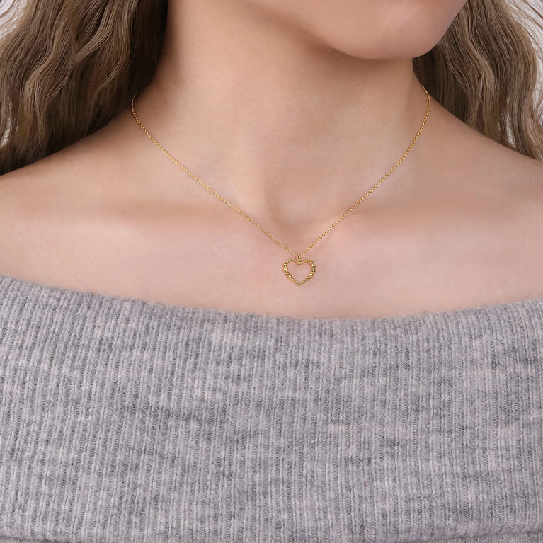14K Yellow Gold Bujukan Beaded Open Heart Pendant Necklace - Shot 3