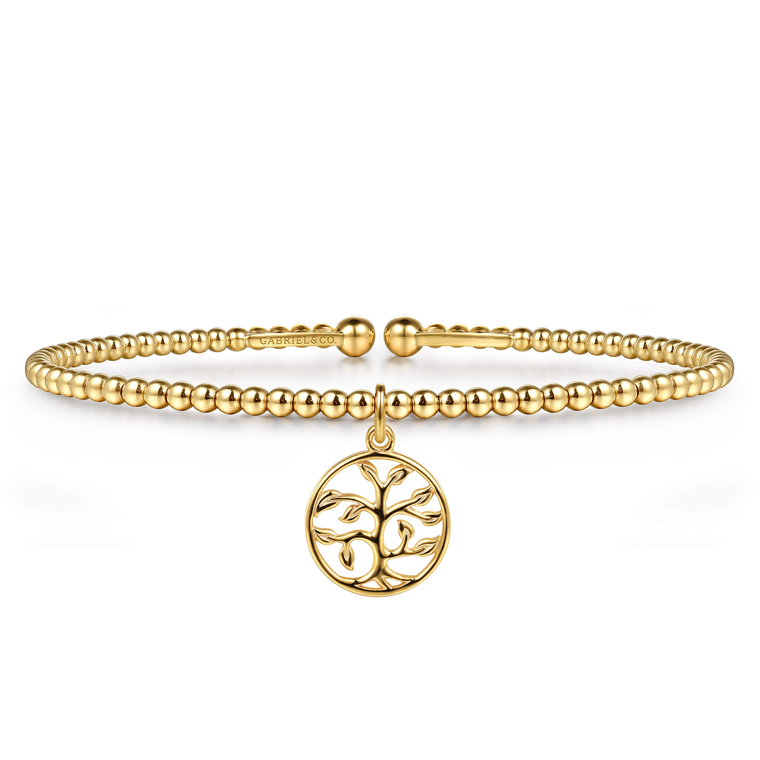 14K Yellow Gold Bujukan Beaded Tree of Life Charm Cuff Bangle Bracelet - Shot 1