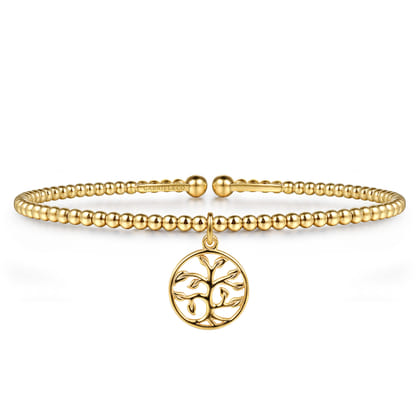 14K Yellow Gold Bujukan Beaded Tree of Life Charm Cuff Bangle Bracelet