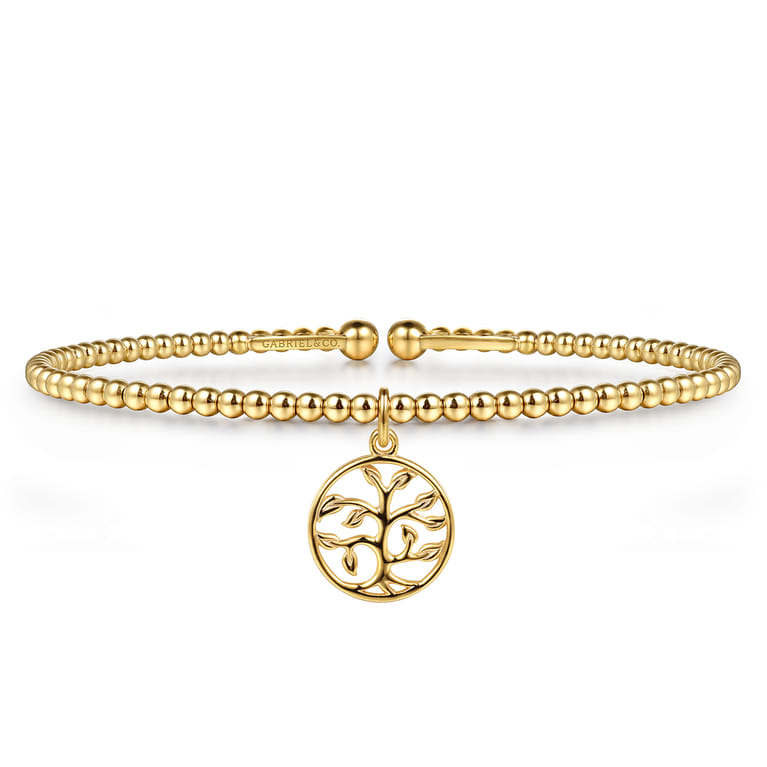 14K Yellow Gold Bujukan Beaded Tree of Life Charm Cuff Bangle Bracelet - Shot 1