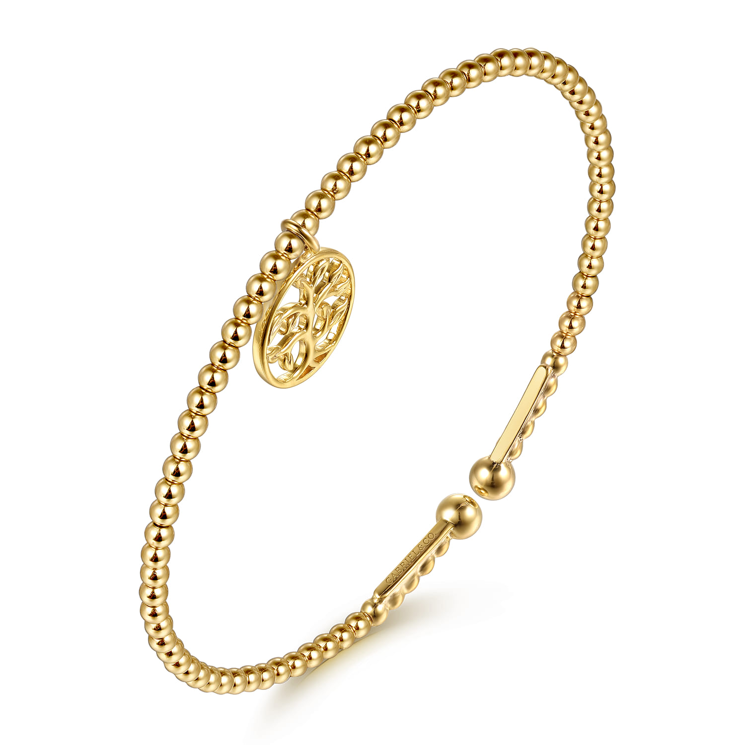14K Yellow Gold Bujukan Beaded Tree of Life Charm Cuff Bangle Bracelet - Shot 2