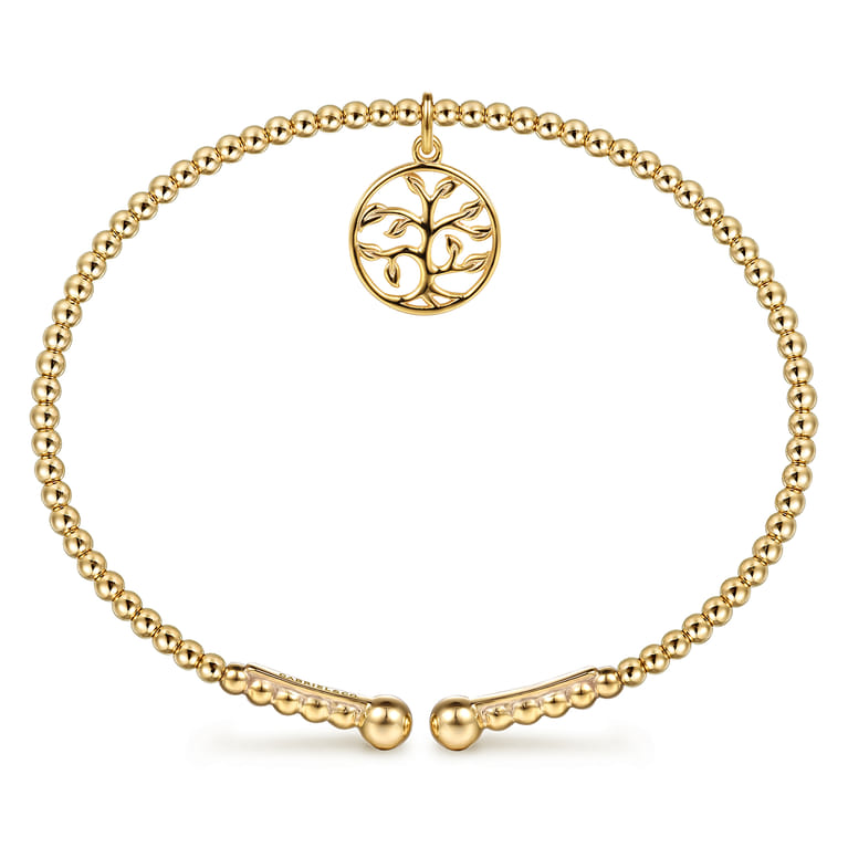 14K Yellow Gold Bujukan Beaded Tree of Life Charm Cuff Bangle Bracelet - Shot 3