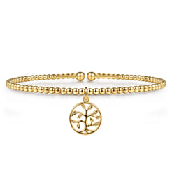 14K Yellow Gold Bujukan Beaded Tree of Life Charm Cuff Bangle Bracelet