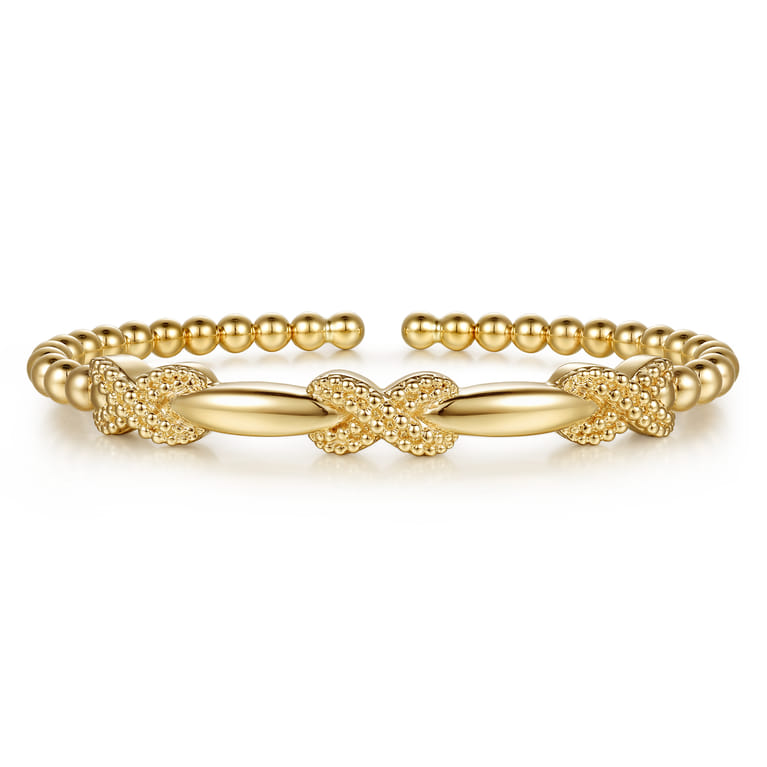 14K Yellow Gold Bujukan Beaded X Station Cuff Bangle Bracelet - Shot 1
