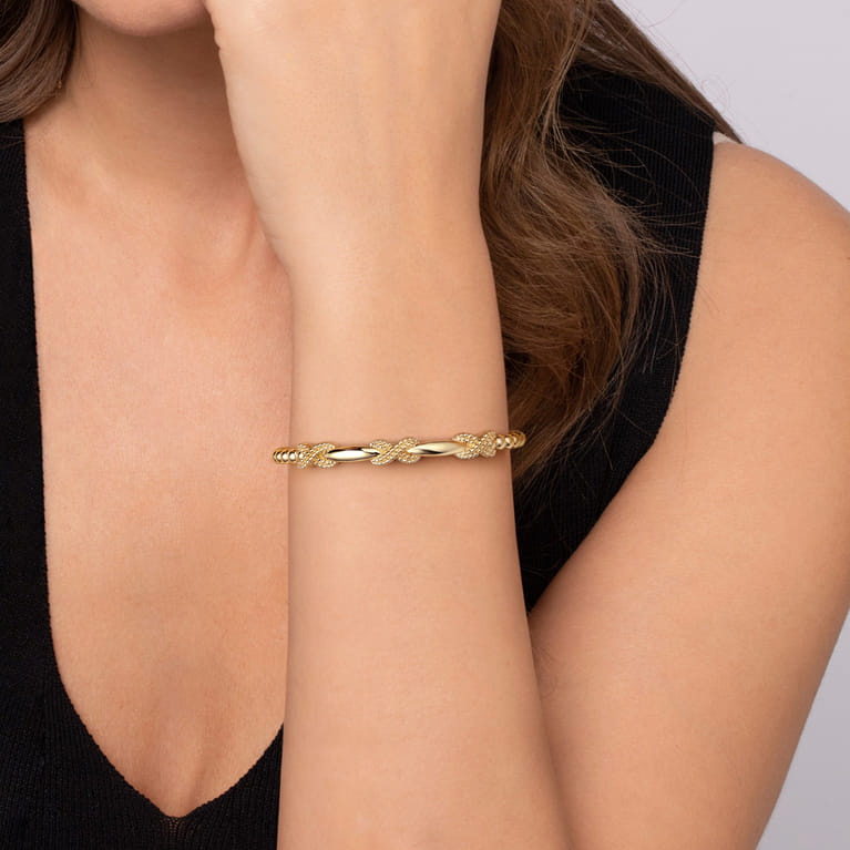 14K Yellow Gold Bujukan Beaded X Station Cuff Bangle Bracelet - Shot 4