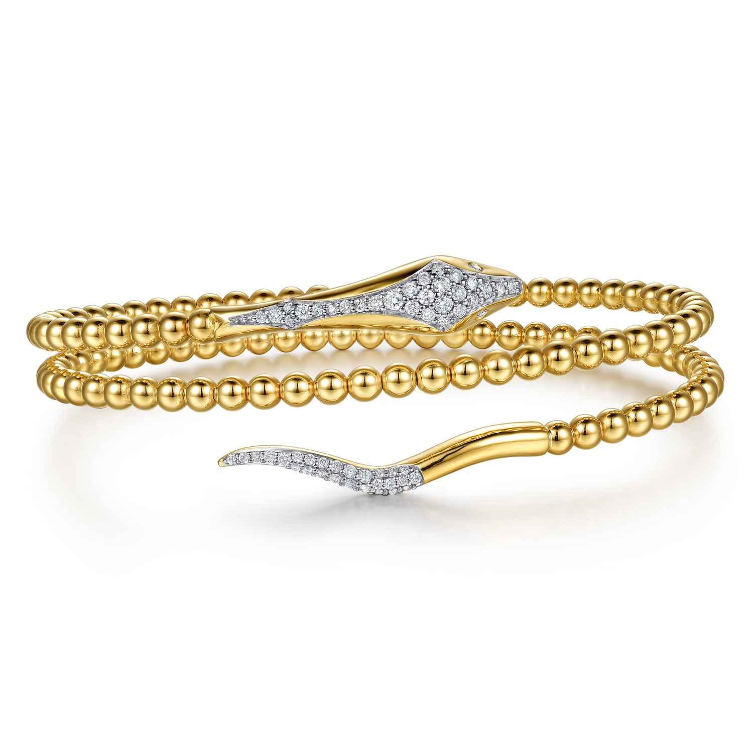 14K Yellow Gold Bujukan Beaded and Diamond Snake Wrapped Bangle Bracelet - 0.35 ct - Shot 1