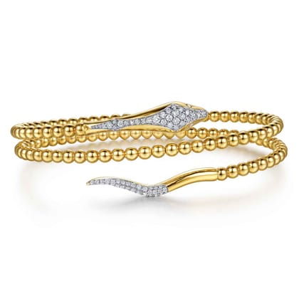 14K Yellow Gold Bujukan Beaded and Diamond Snake Wrapped Bangle Bracelet
