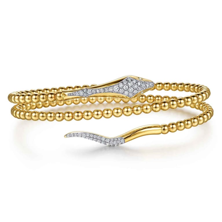 14K Yellow Gold Bujukan Beaded and Diamond Snake Wrapped Bangle Bracelet - 0.35 ct - Shot 1