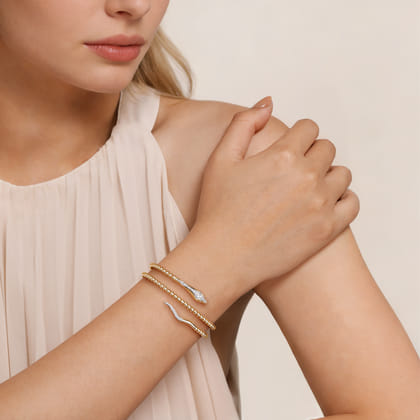 14K Yellow Gold Bujukan Beaded and Diamond Snake Wrapped Bangle Bracelet