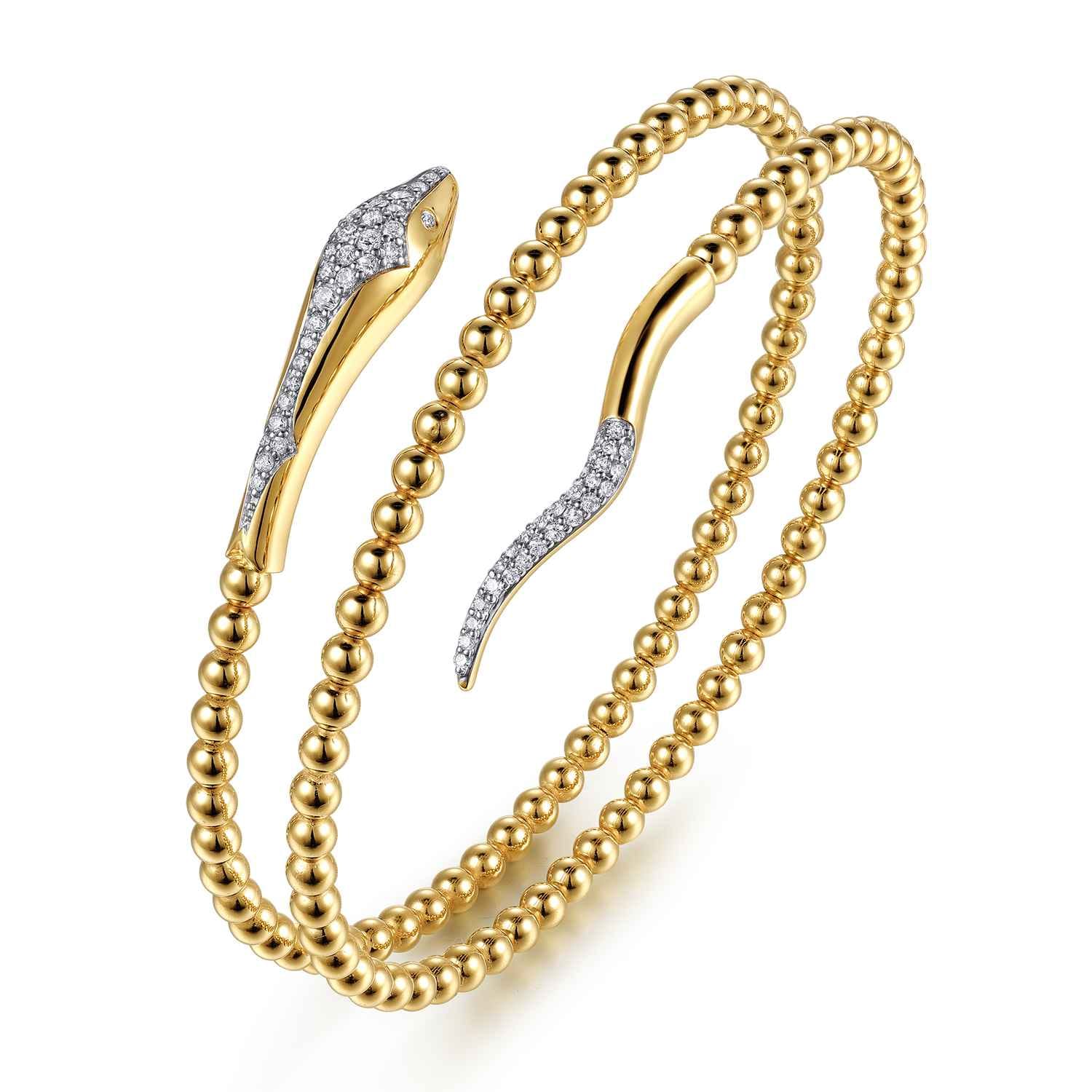 14K Yellow Gold Bujukan Beaded and Diamond Snake Wrapped Bangle Bracelet - 0.35 ct - Shot 2