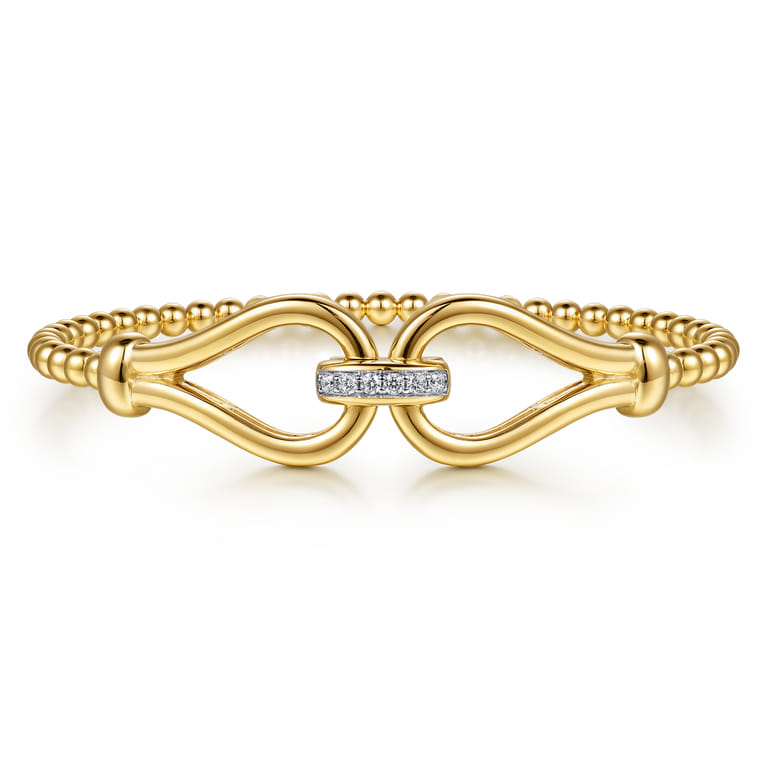 14K Yellow Gold Bujukan Beads Diamond Horseshoe Cuff Bangle Bracelet - 0.08 ct - Shot 1