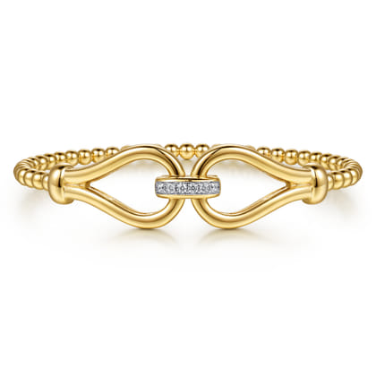 14K Yellow Gold Bujukan Beads Diamond Stirrup Cuff Bangle Bracelet