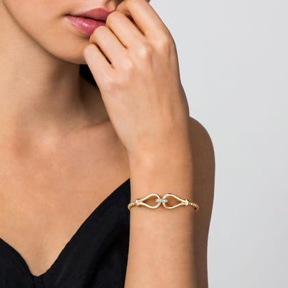 14K Yellow Gold Bujukan Beads Diamond Stirrup Cuff Bangle Bracelet