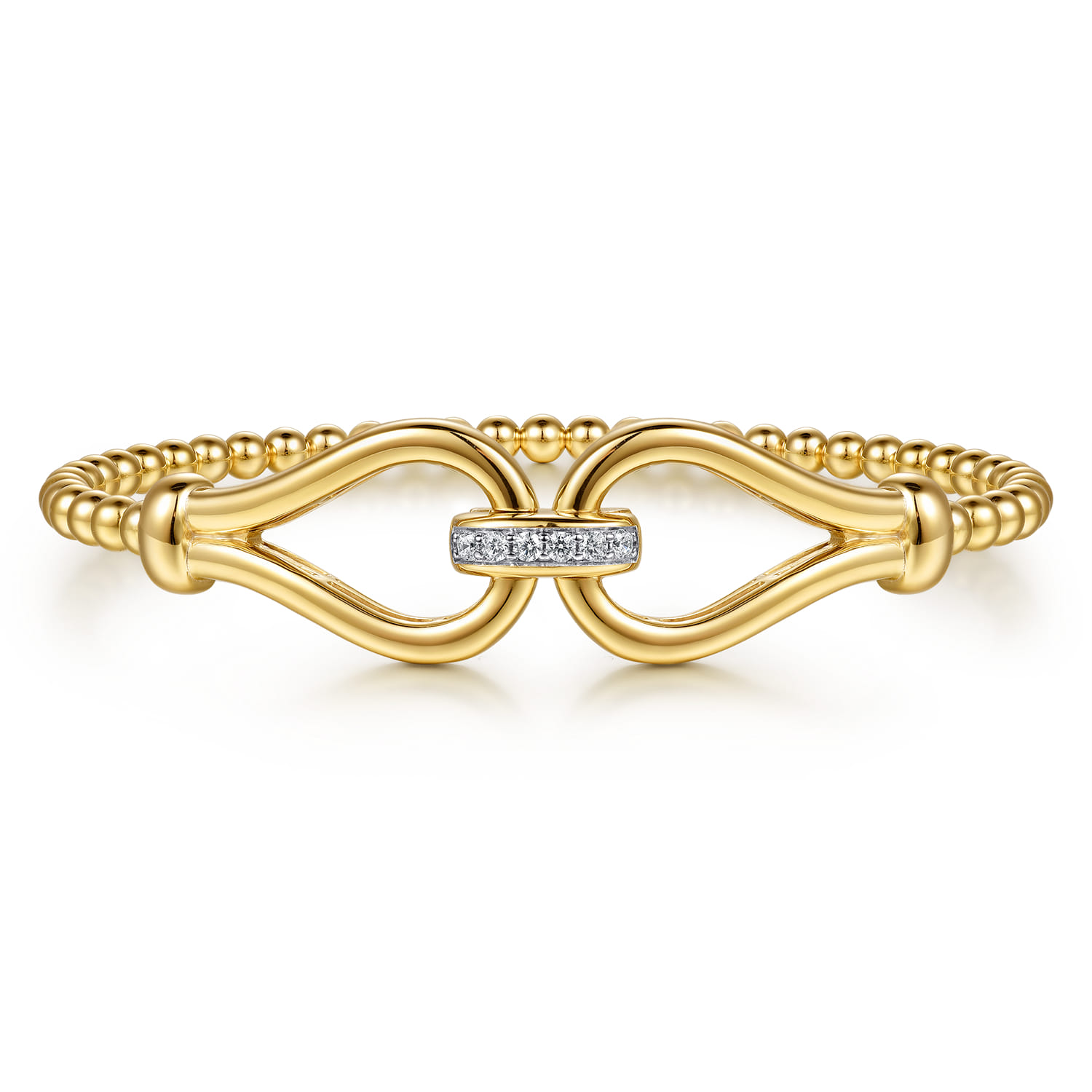 14K Yellow Gold Bujukan Beads Diamond Stirrup Cuff Bangle Bracelet - 0.08 ct - Shot 1