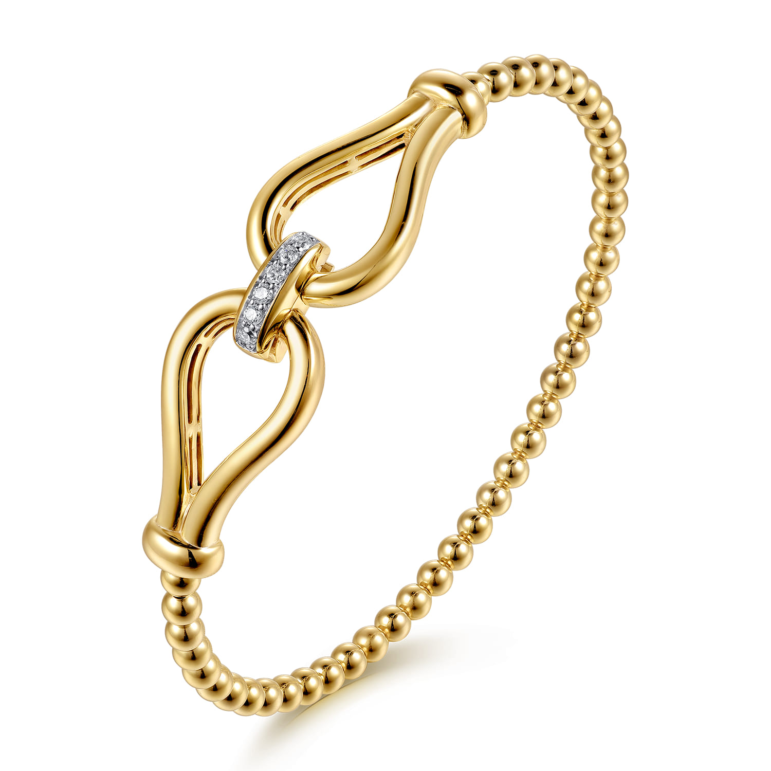 14K Yellow Gold Bujukan Beads Diamond Stirrup Cuff Bangle Bracelet - 0.08 ct - Shot 2