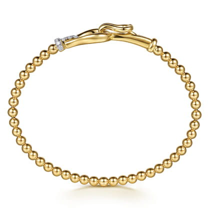 14K Yellow Gold Bujukan Beads Diamond Stirrup Cuff Bangle Bracelet