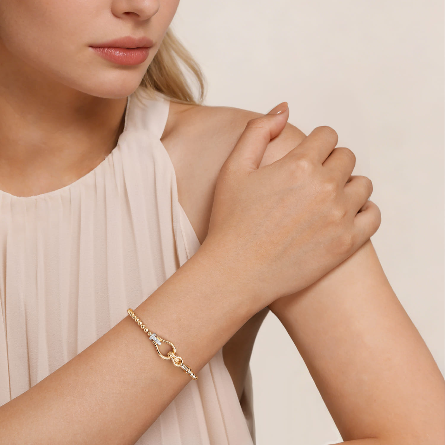 14K Yellow Gold Bujukan Beads Diamond Stirrup Cuff Bangle Bracelet - 0.17 ct - Shot 5