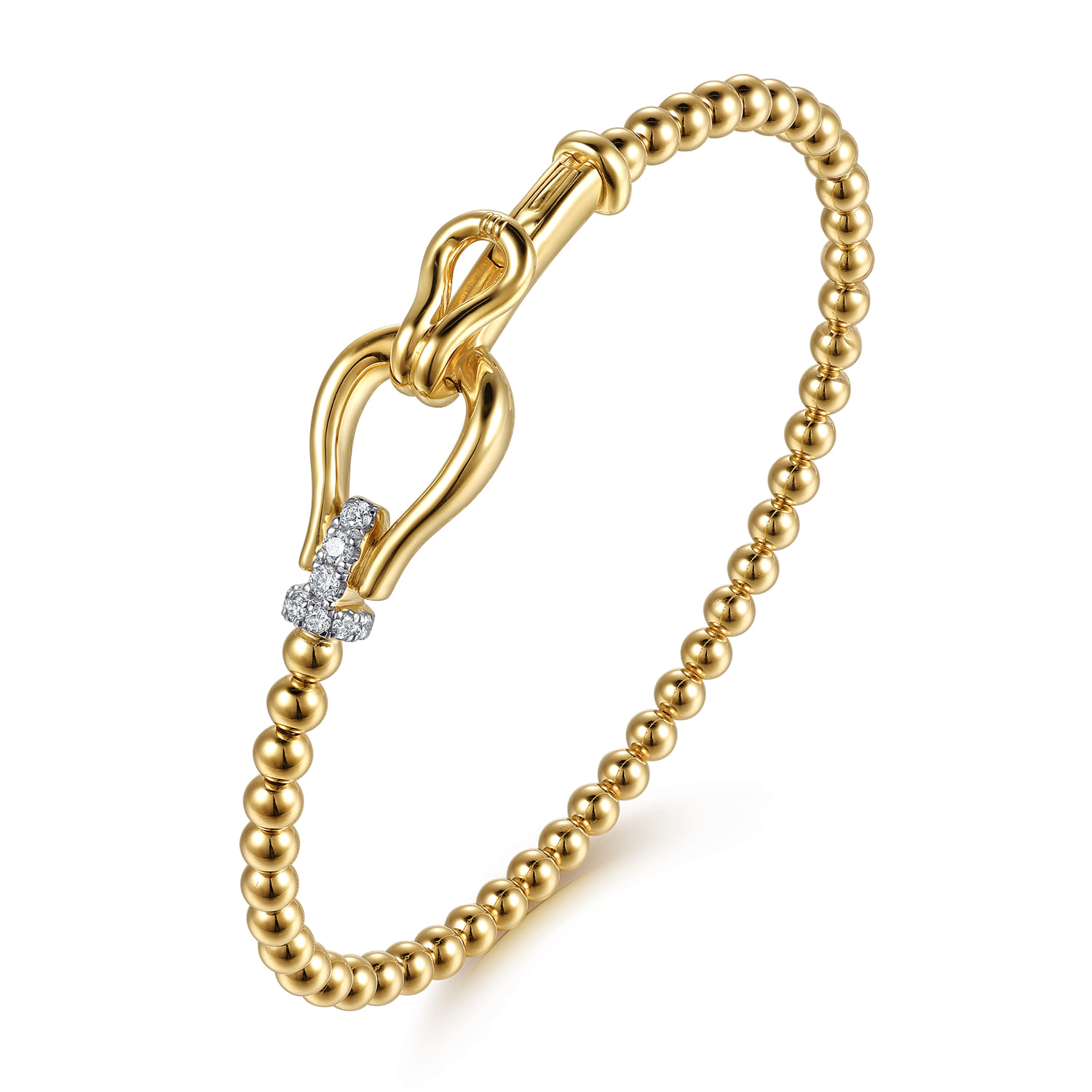 14K Yellow Gold Bujukan Beads Diamond Stirrup Cuff Bangle Bracelet - 0.17 ct - Shot 2