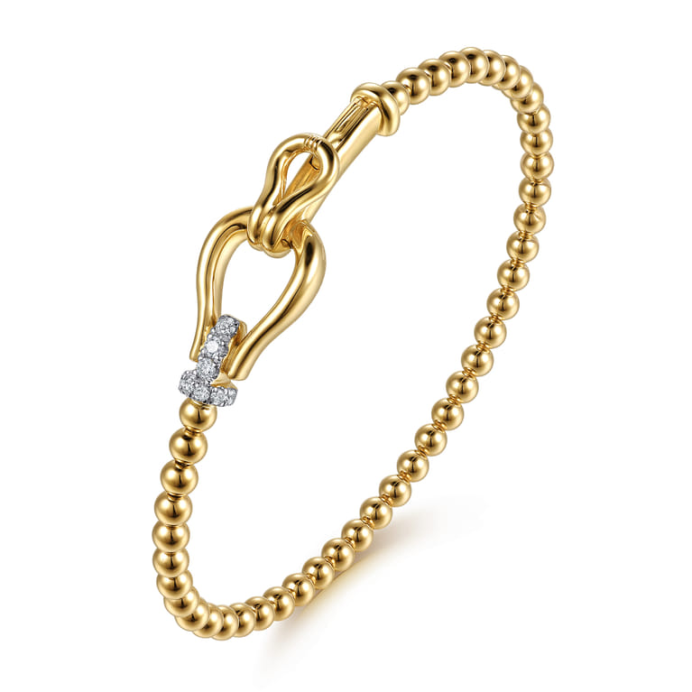 14K Yellow Gold Bujukan Beads Diamond Stirrup Cuff Bangle Bracelet - 0.17 ct - Shot 2