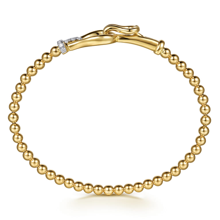 14K Yellow Gold Bujukan Beads Diamond Stirrup Cuff Bangle Bracelet - 0.17 ct - Shot 3