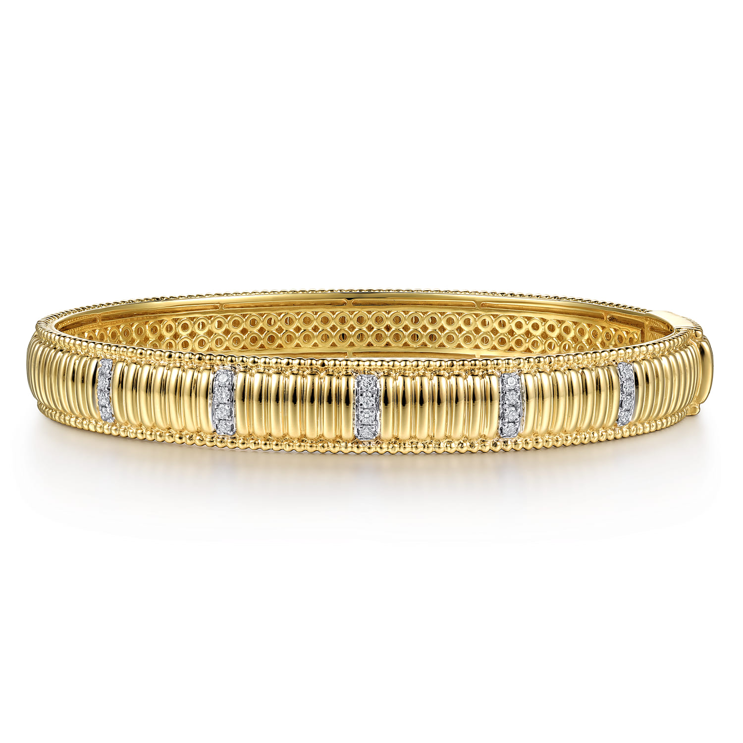 14K Yellow Gold Bujukan Beads Shrimp and Diamond Station Cuff Bangle Bracelet - 0.2 ct - Shot 1
