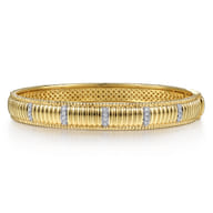 14K Yellow Gold Bujukan Beads Shrimp and Diamond Station Cuff Bangle Bracelet