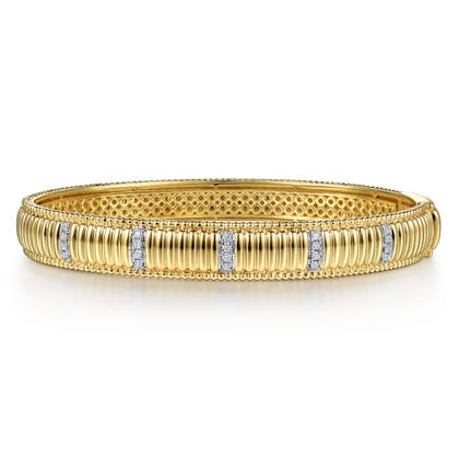 14K Yellow Gold Bujukan Beads Shrimp and Diamond Station Cuff Bangle Bracelet