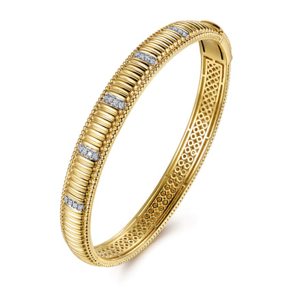 14K Yellow Gold Bujukan Beads Shrimp and Diamond Station Cuff Bangle Bracelet