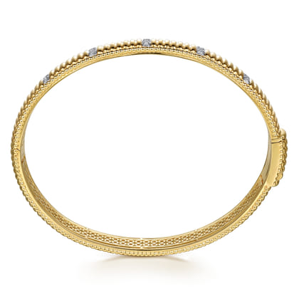14K Yellow Gold Bujukan Beads Shrimp and Diamond Station Cuff Bangle Bracelet