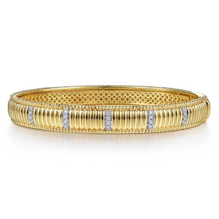 14K Yellow Gold Bujukan Beads Shrimp and Diamond Station Cuff Bangle Bracelet - 0.2 ct - Shot 1