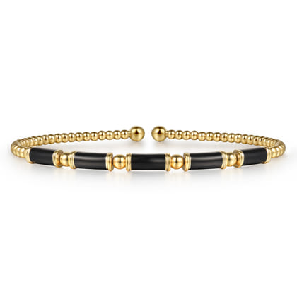 14K Yellow Gold Bujukan Beads and Black Enamel Split Bangle Bracelet