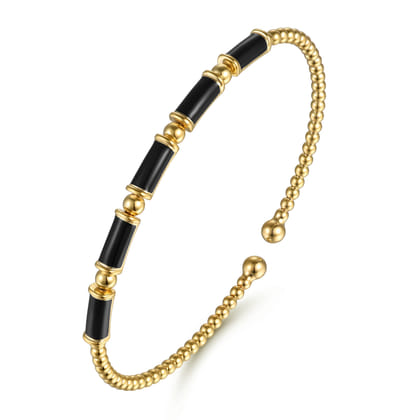 14K Yellow Gold Bujukan Beads and Black Enamel Split Bangle Bracelet