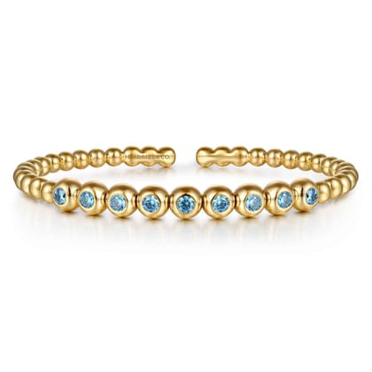 14K Yellow Gold Bujukan Beads and Blue Topaz Split Bangle Bracelet