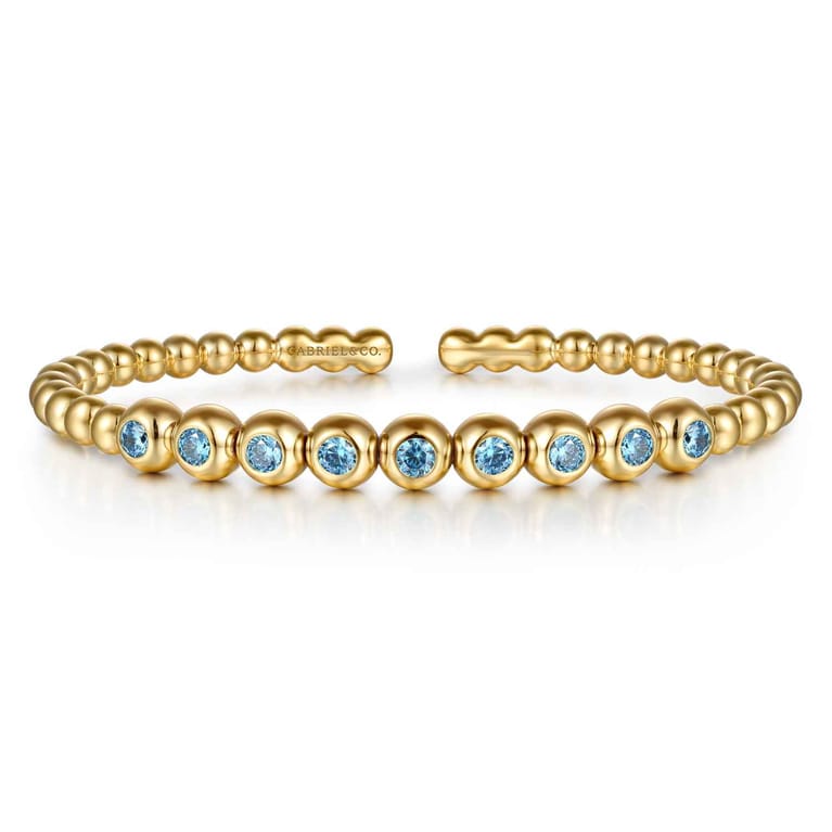 14K Yellow Gold Bujukan Beads and Blue Topaz Split Bangle Bracelet - Shot 1