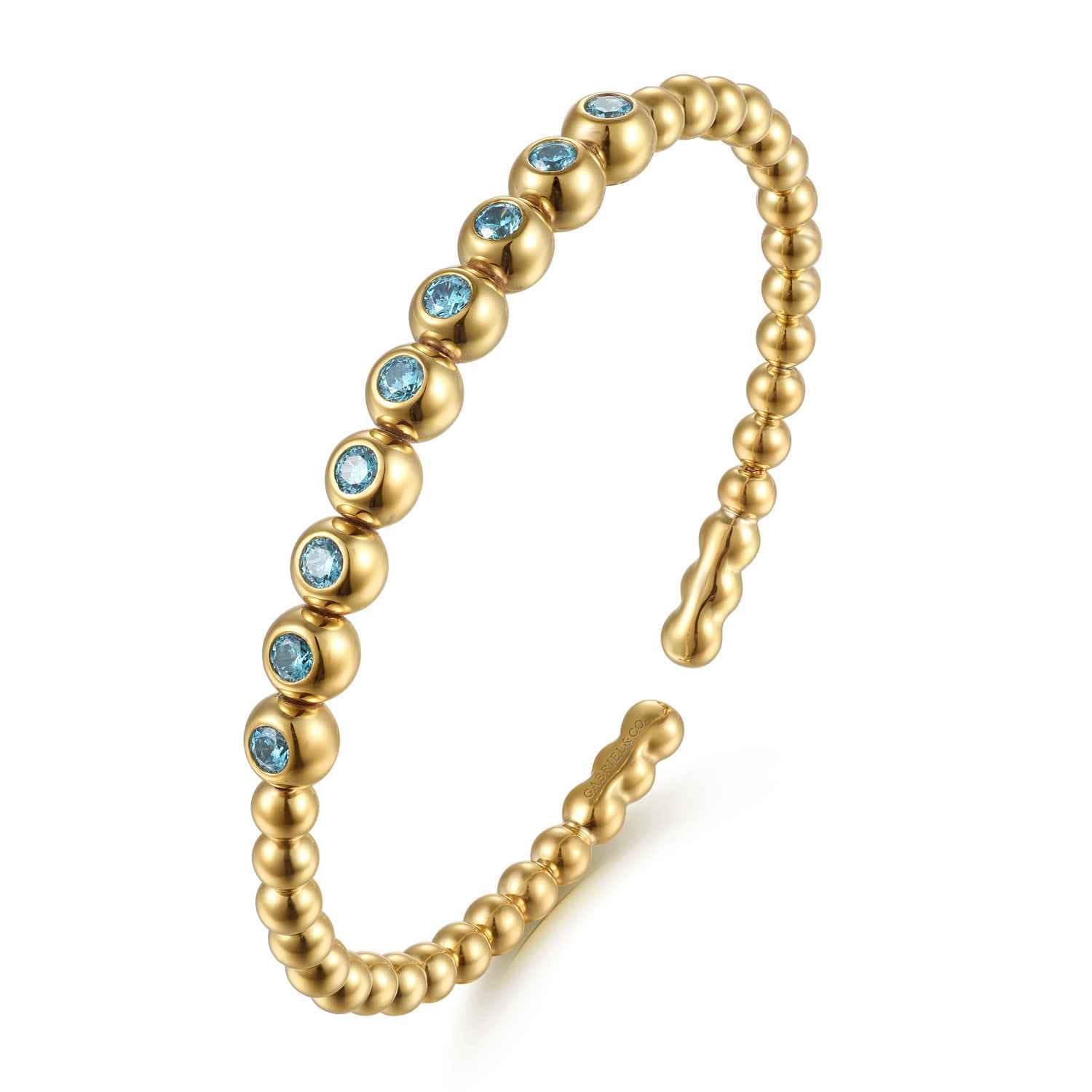 14K Yellow Gold Bujukan Beads and Blue Topaz Split Bangle Bracelet - Shot 2