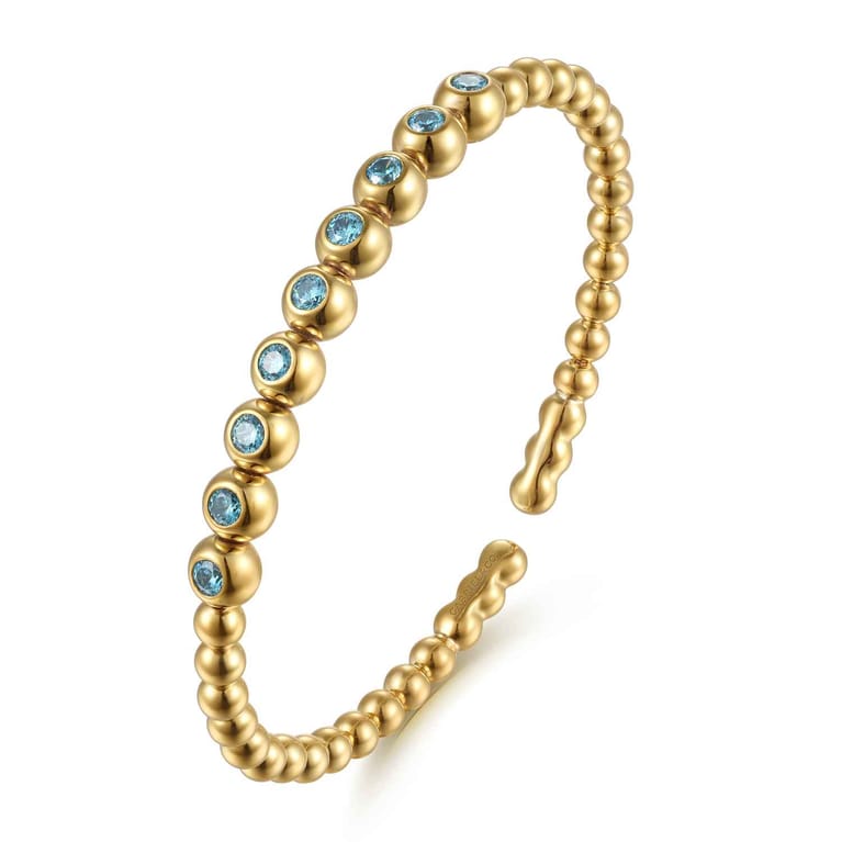 14K Yellow Gold Bujukan Beads and Blue Topaz Split Bangle Bracelet - Shot 2