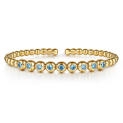 14K Yellow Gold Bujukan Beads and Blue Topaz Split Bangle Bracelet