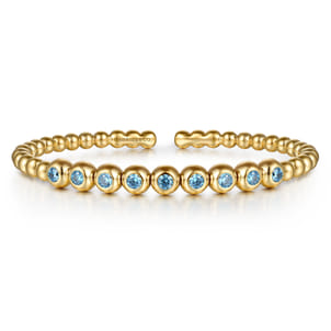 14K Yellow Gold Bujukan Beads and Blue Topaz Split Bangle Bracelet