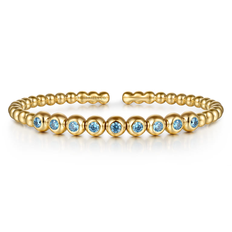 14K Yellow Gold Bujukan Beads and Blue Topaz Split Bangle Bracelet - Shot 1