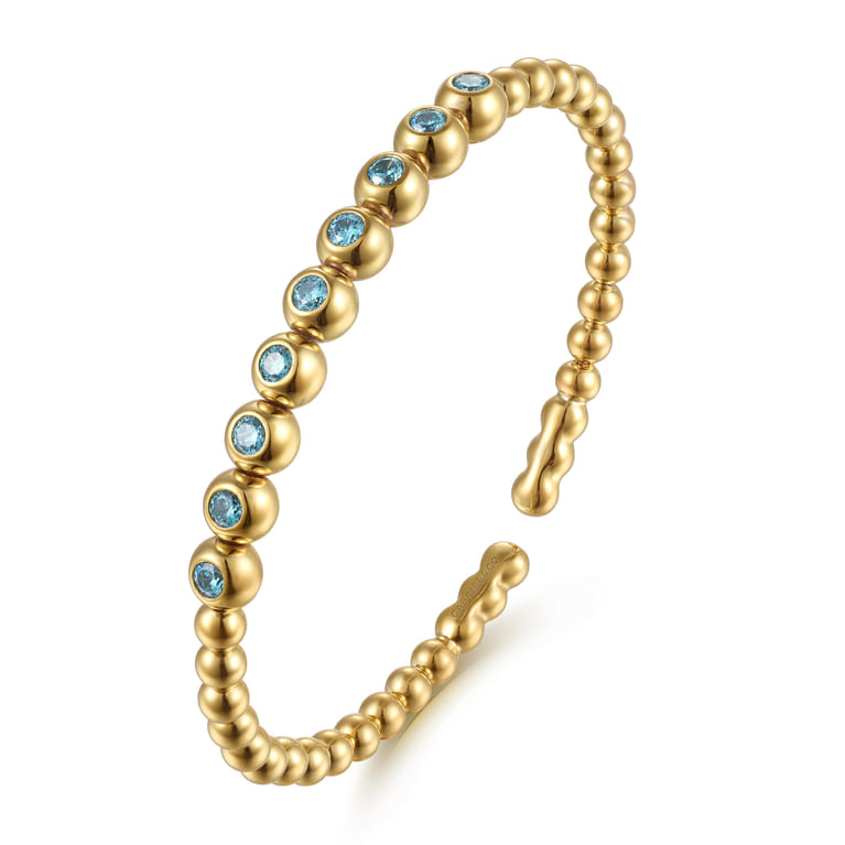 14K Yellow Gold Bujukan Beads and Blue Topaz Split Bangle Bracelet - Shot 2