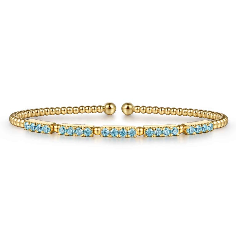 14K Yellow Gold Bujukan Beads and Blue Topaz Split Bangle Bracelet - Shot 1