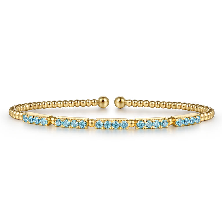 14K Yellow Gold Bujukan Beads and Blue Topaz Split Bangle Bracelet - Shot 1