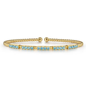 14K Yellow Gold Bujukan Beads and Blue Topaz Split Bangle Bracelet
