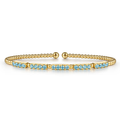 14K Yellow Gold Bujukan Beads and Blue Topaz Split Bangle Bracelet
