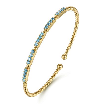 14K Yellow Gold Bujukan Beads and Blue Topaz Split Bangle Bracelet