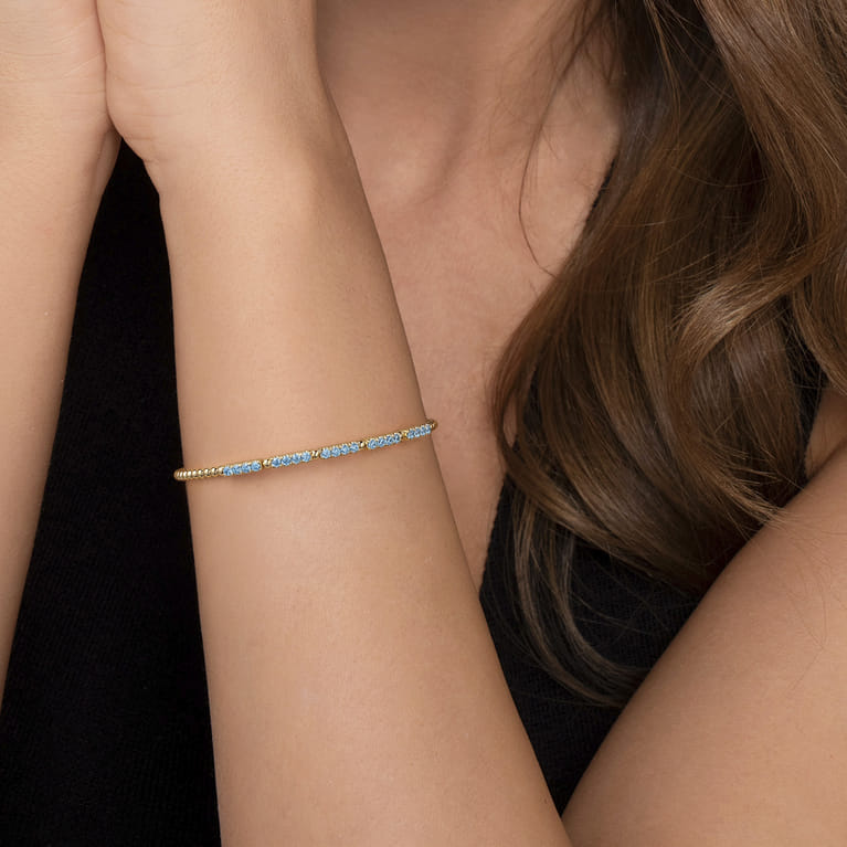 14K Yellow Gold Bujukan Beads and Blue Topaz Split Bangle Bracelet - Shot 4