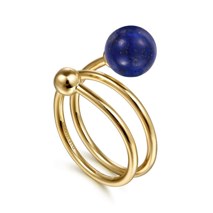 14K Yellow Gold Bujukan Beads and Lapis Bypass Ring