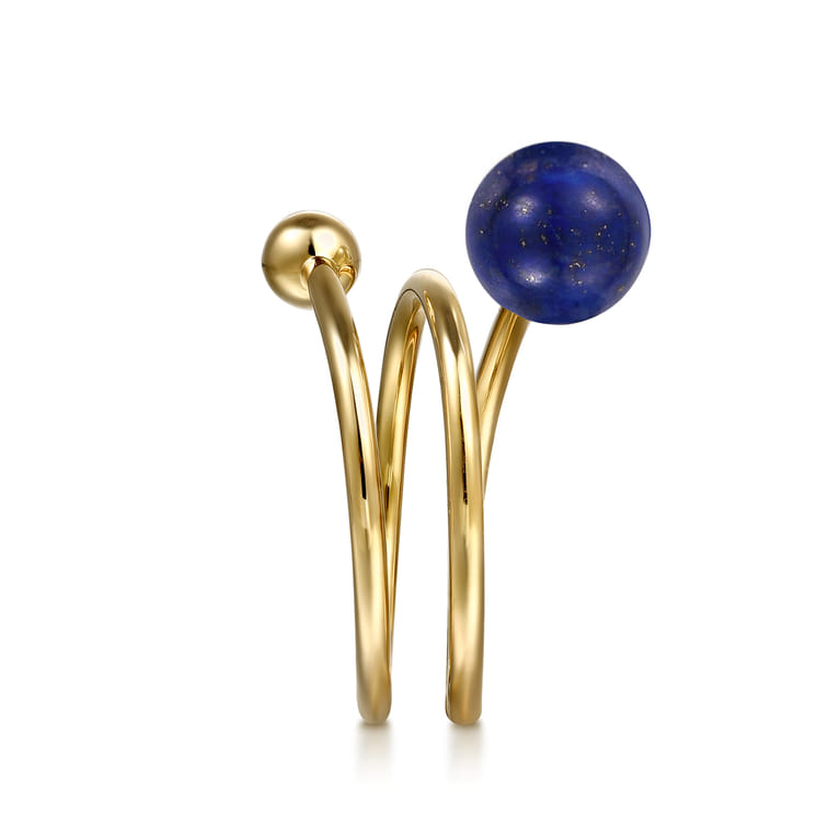 14K Yellow Gold Bujukan Beads and Lapis Bypass Ring - Shot 4