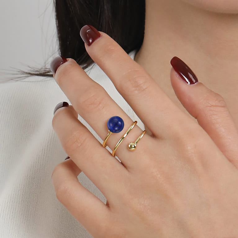14K Yellow Gold Bujukan Beads and Lapis Bypass Ring - Shot 5