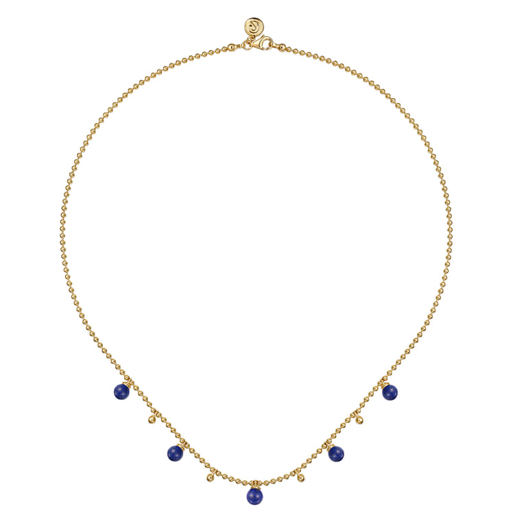 14K Yellow Gold Bujukan Beads and Lapis Droplet Necklace - Shot 2
